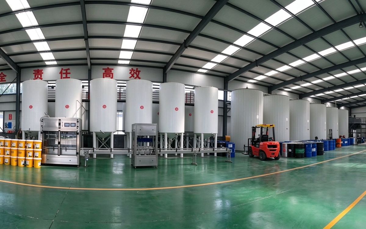 Blending and buffer tanks inside the production hall