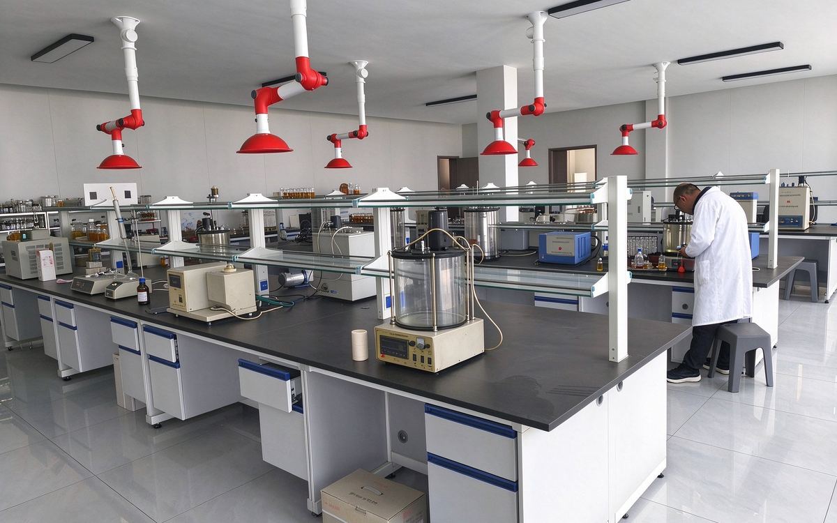 Technician running a batch-release test at the in-house laboratory bench